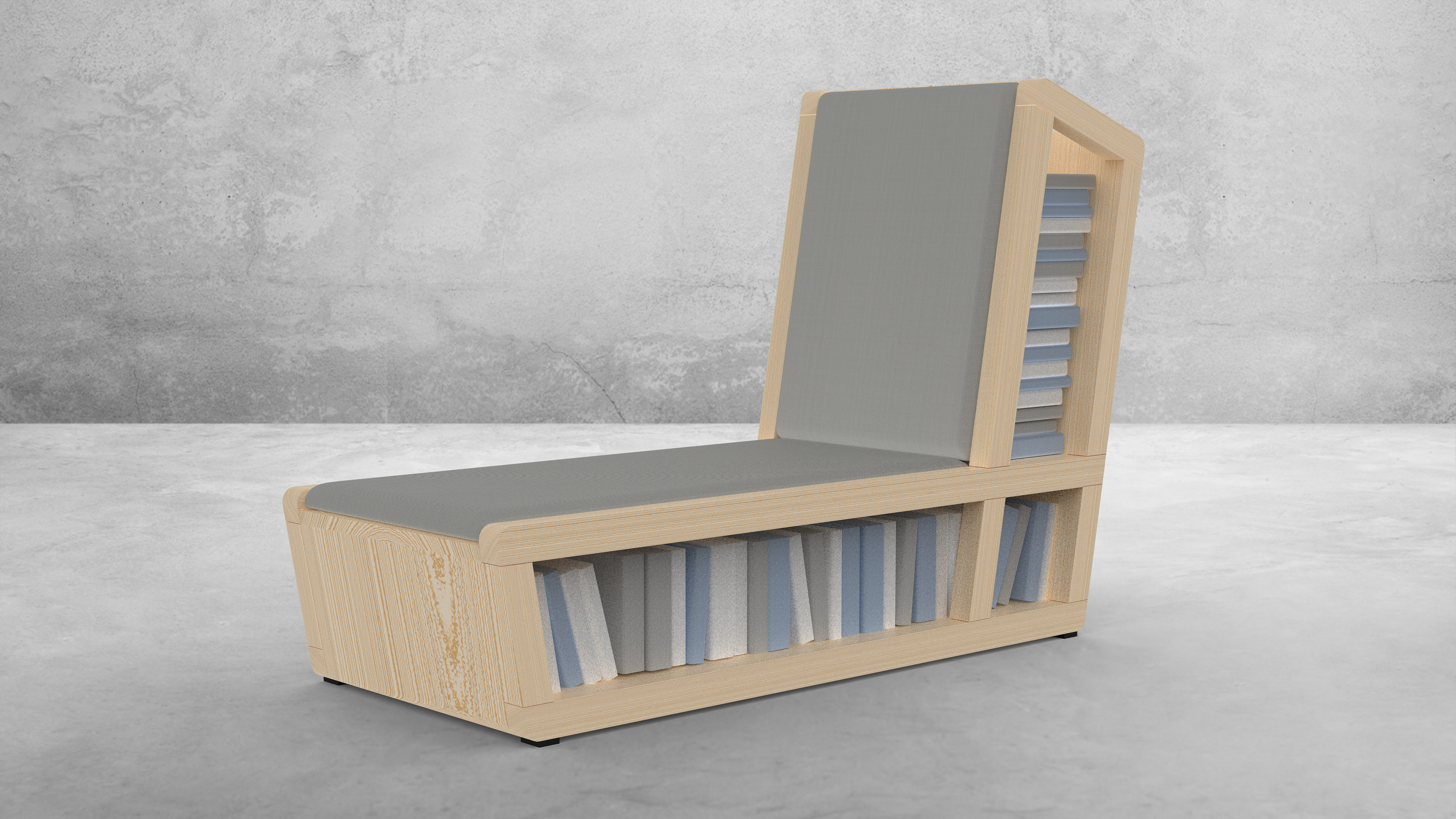 Bookshelf Chair — oak lounge chair with integrated bookshelf, full studio render on concrete