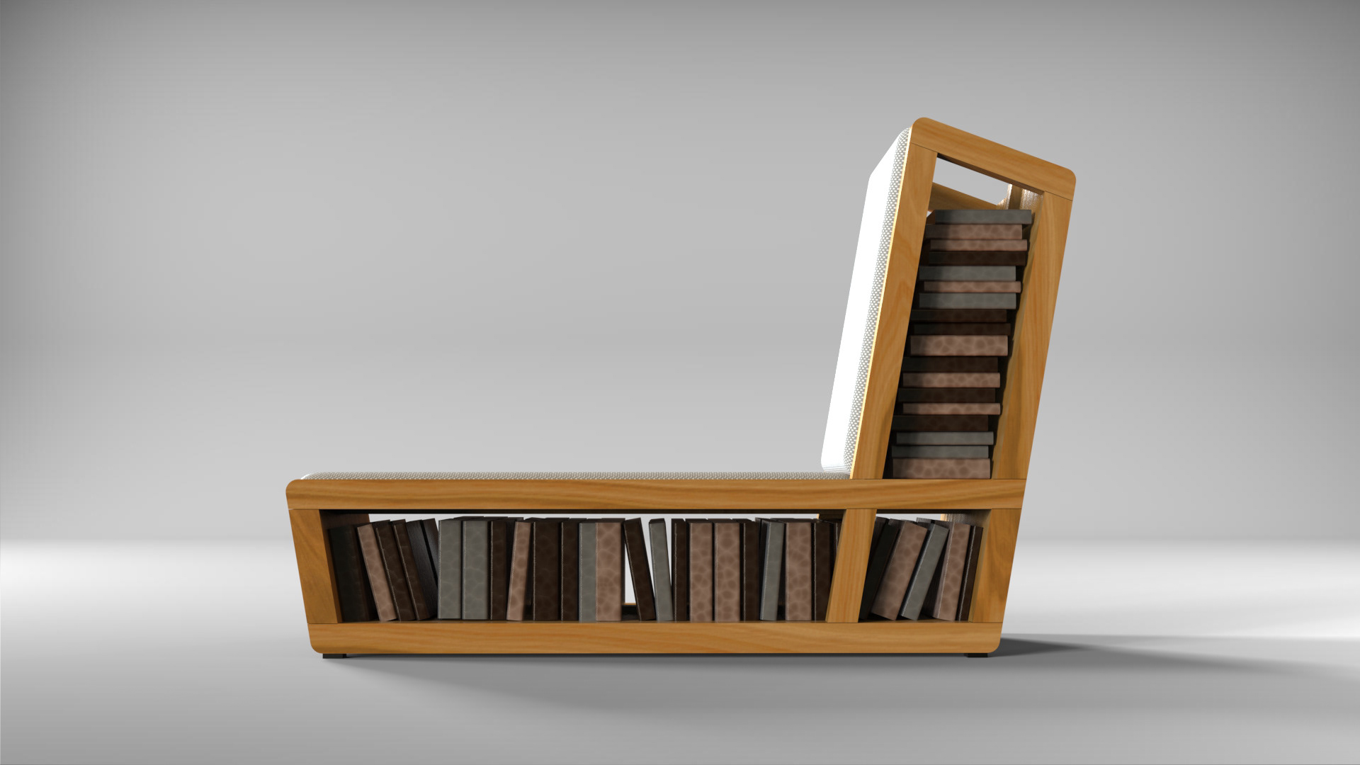 Bookshelf Chair — side-profile studio render showing the wedge silhouette and integrated books