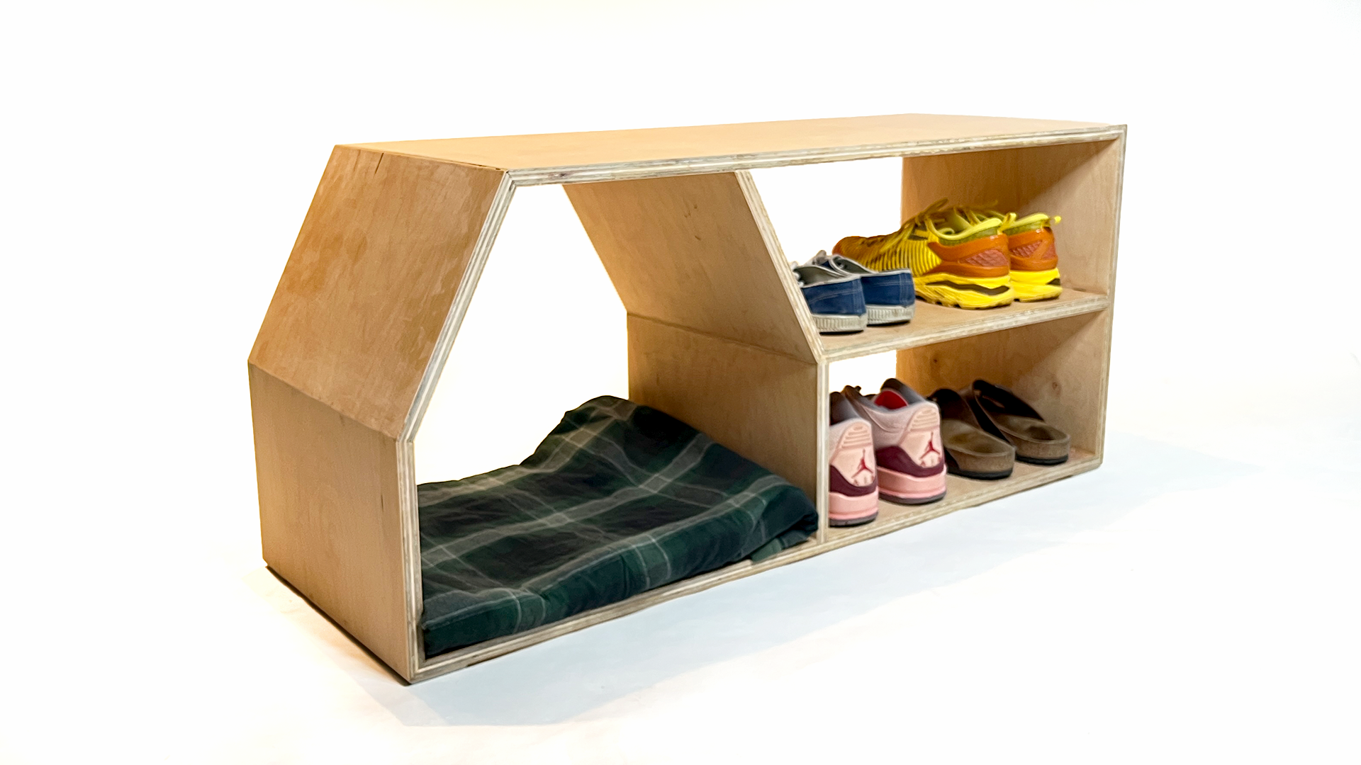 Doghaus Shoe Shelf — finished plywood bench with a low den on one side and open shoe storage on the other