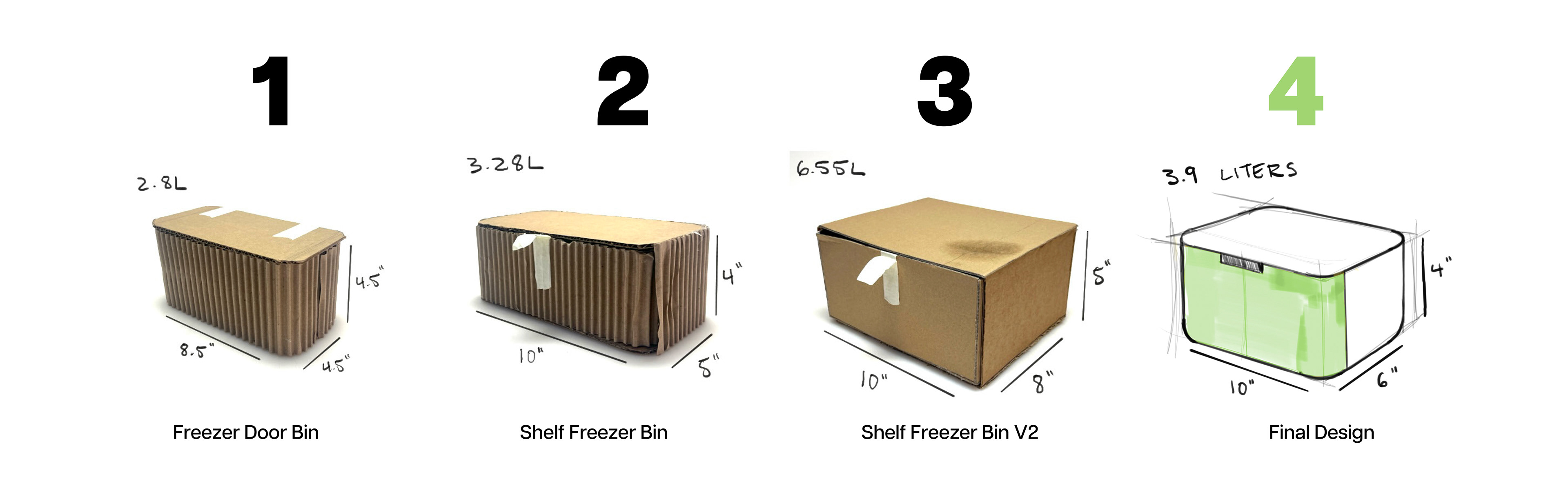 FrostBin — four cardboard prototypes labelled 1 through 4 with dimensions