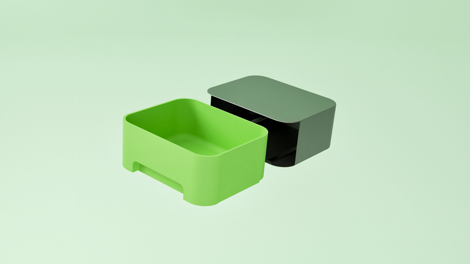 FrostBin — final rendering of the bin with its lid lifted off