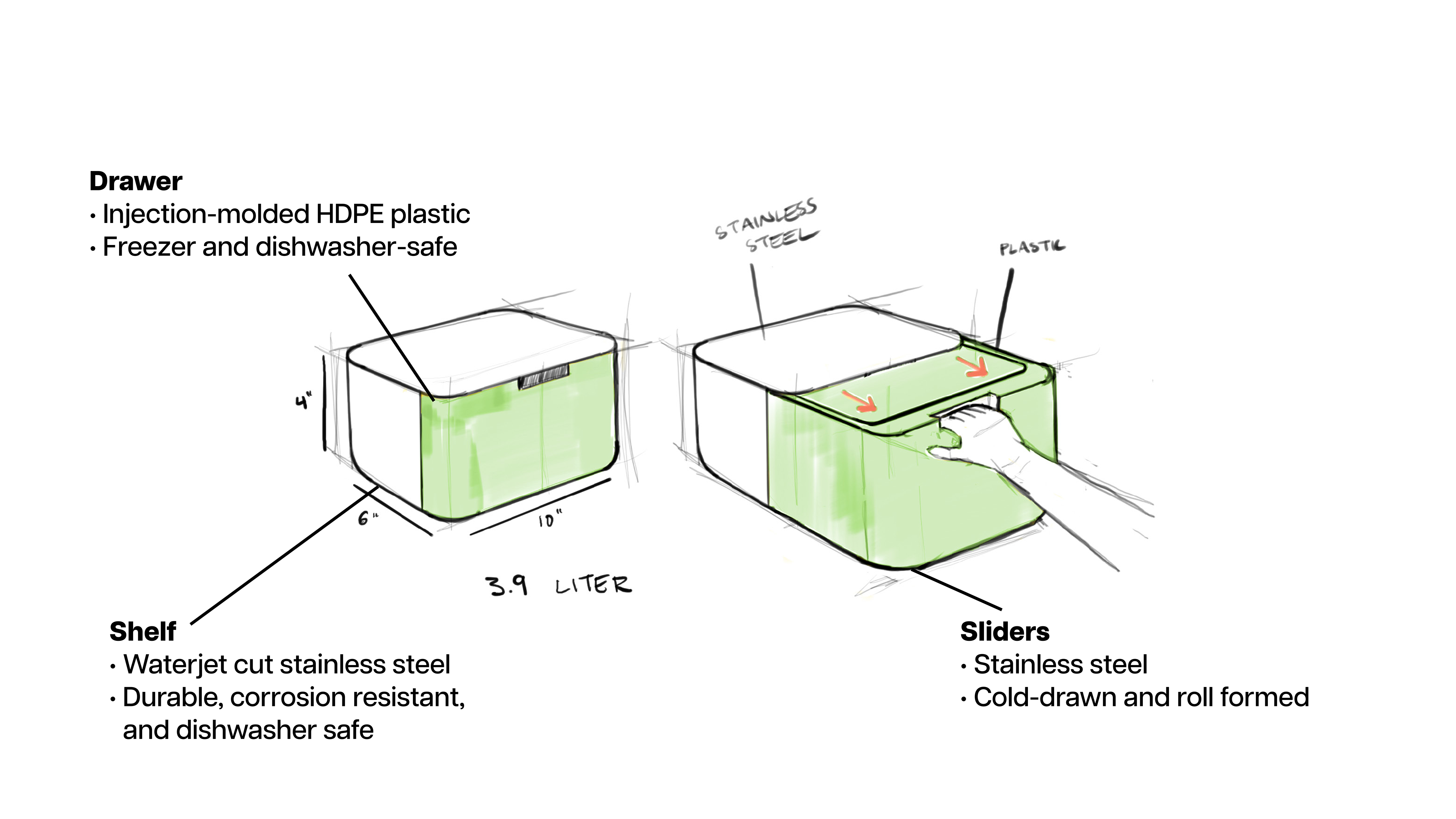 FrostBin — exploded CAD drawing of the drawer, shelf, and sliders