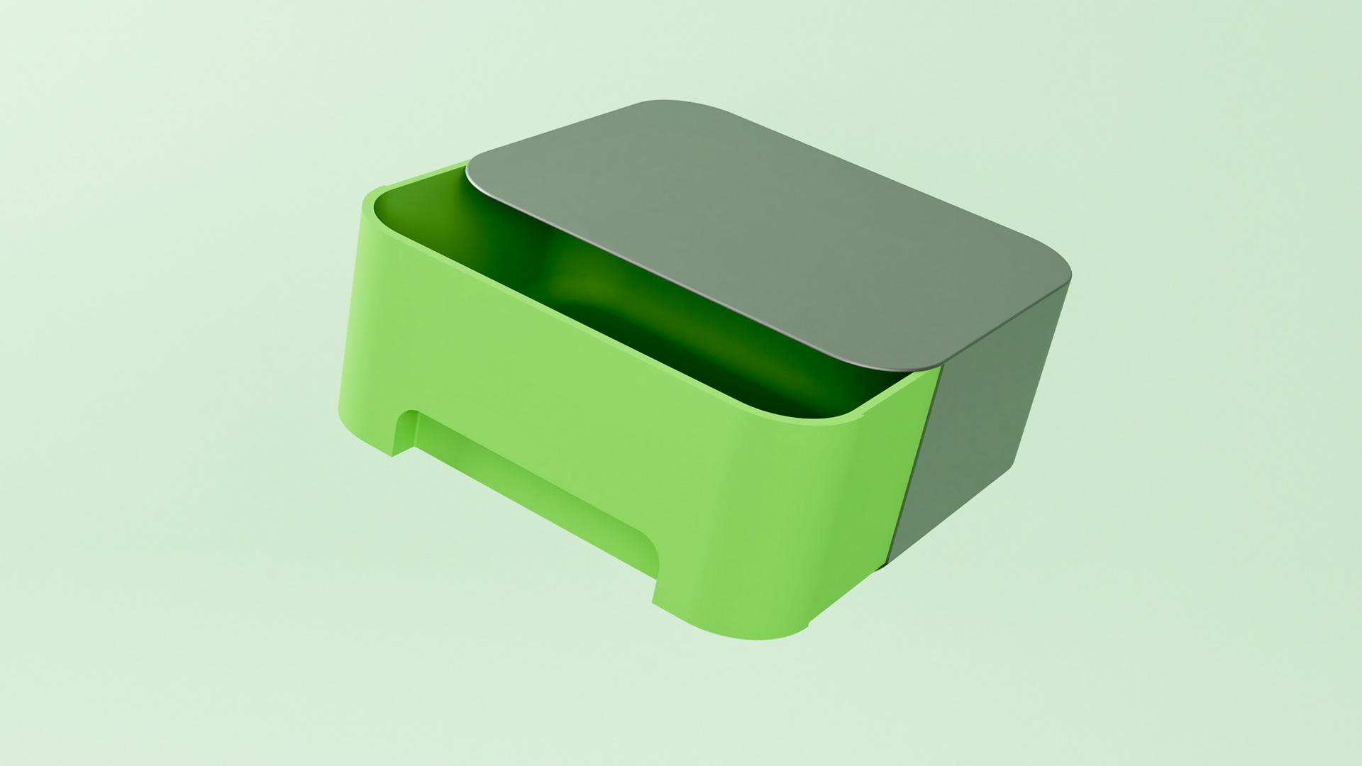 FrostBin — final green compost bin rendering with sliding stainless lid